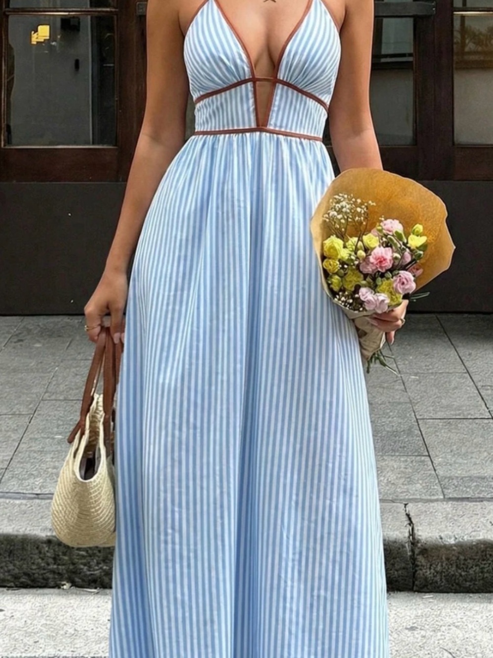 Striped Light Blue Plunge Maxi Dress with Contrast Trim